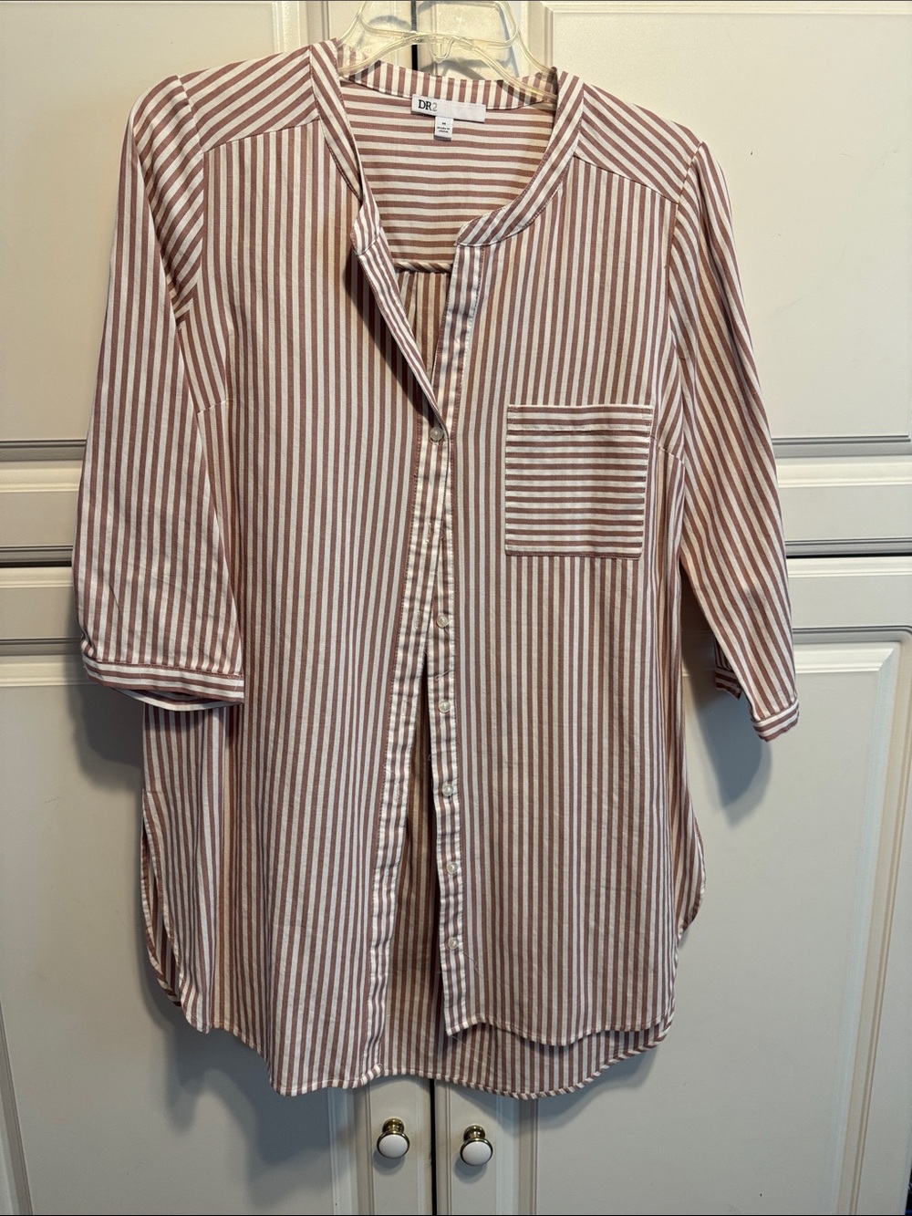 DR2 Striped Long Button-Down Shirt in Mauve and White
